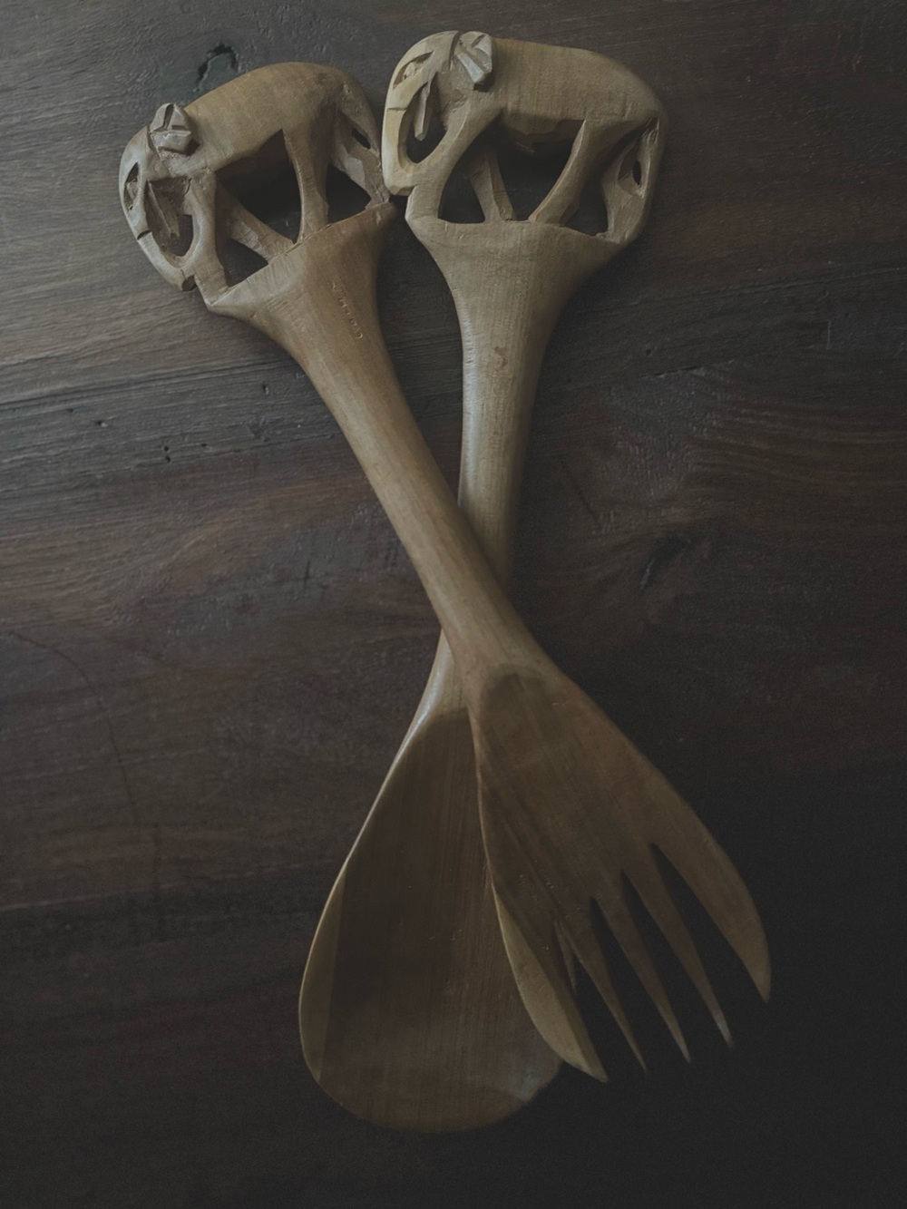 Hand Carved Wood Salad Servers Elephant 12” Boho Safari Utensils